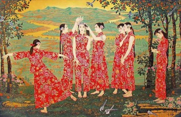  chinese oil painting - country girls antique Chinese